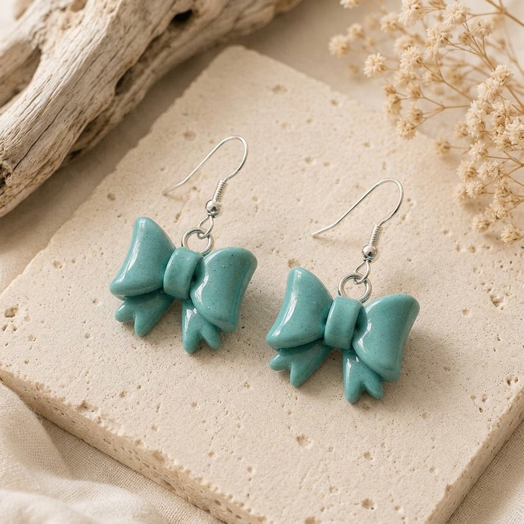 Sea Glass Bow Earrings – Handmade Coastal Polymer Clay Dangles