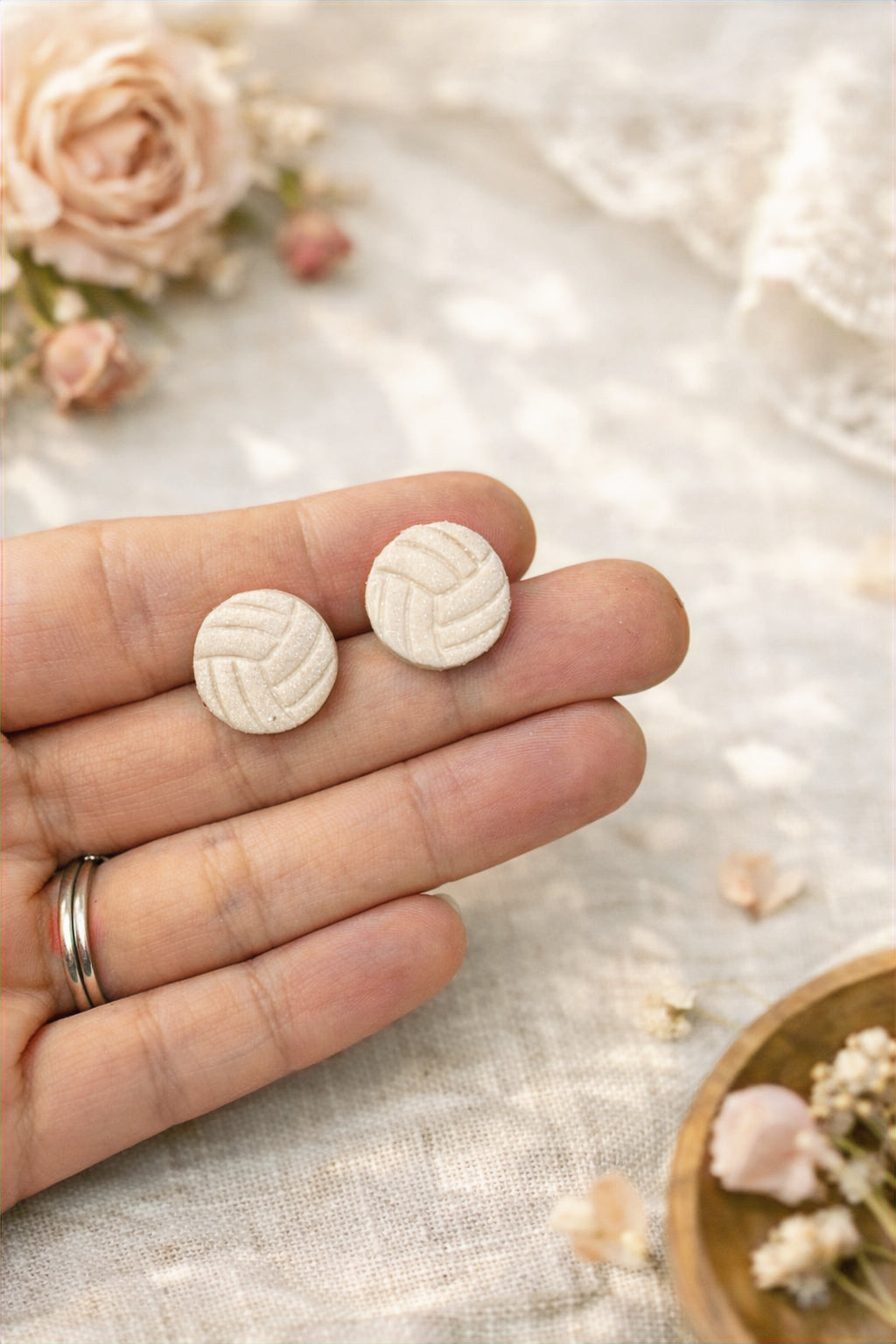 White Glitter Volleyball Stud Earrings