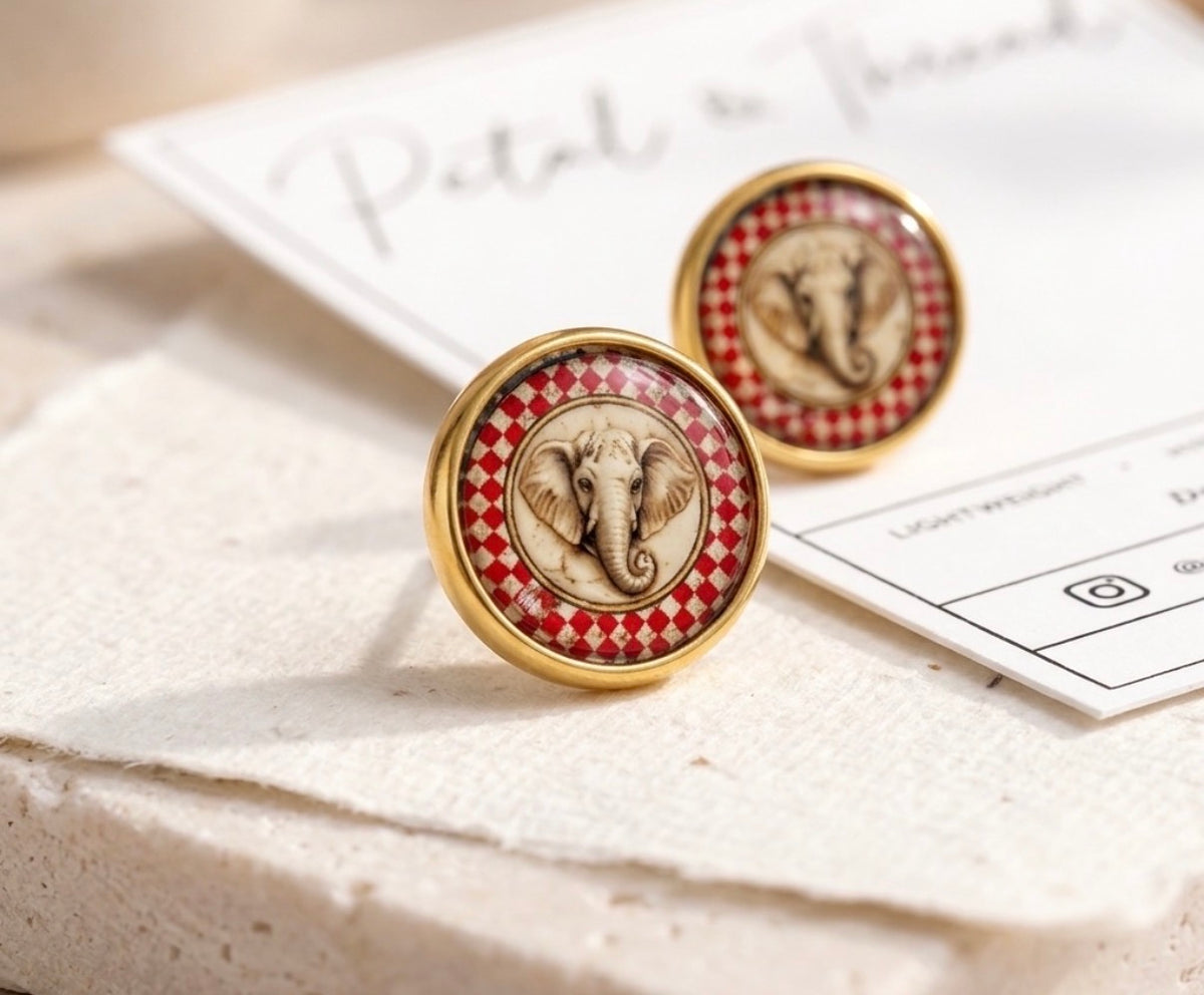 Alabama Elephant Portrait Checkerboard Stud Earrings