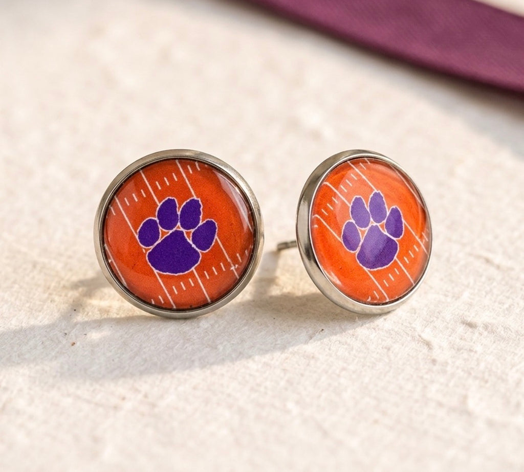 Clemson Tigers Paw Print Football Field Stud Earrings