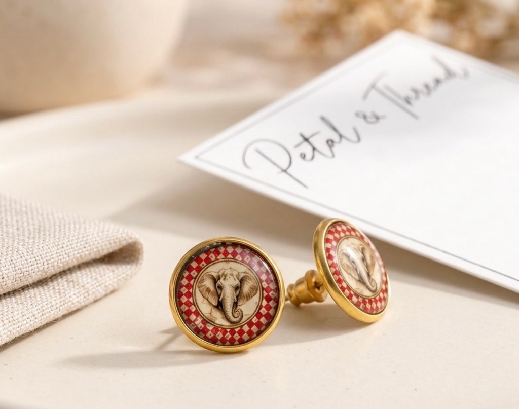 Alabama Elephant Portrait Checkerboard Stud Earrings