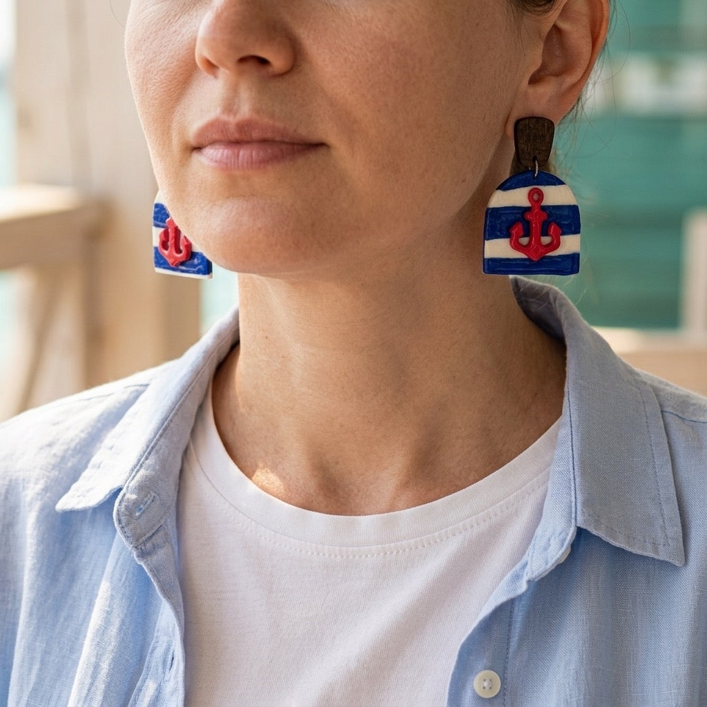 Nautical Anchor Statement Earrings – Handmade Coastal Polymer Clay Earrings