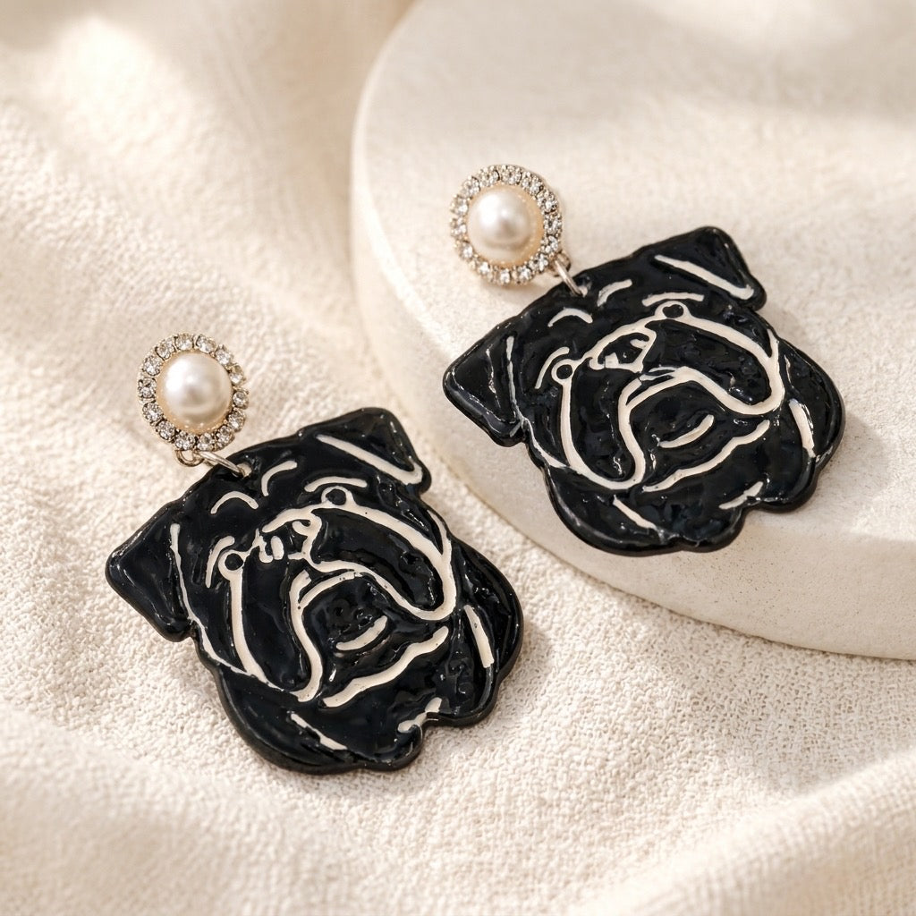 Black Bulldog Dangle Earrings – Pearl Rhinestone Stud – Statement Earrings