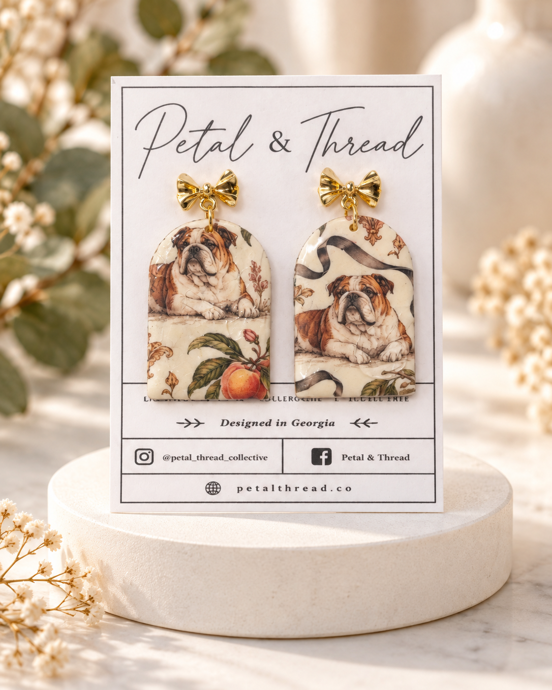 Vintage Bulldog Peach Floral & Ribbon Arch Dangle Earrings