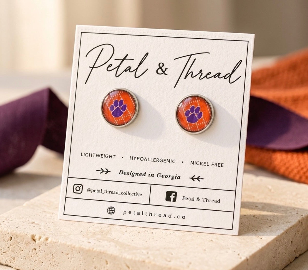 Clemson Tigers Paw Print Football Field Stud Earrings