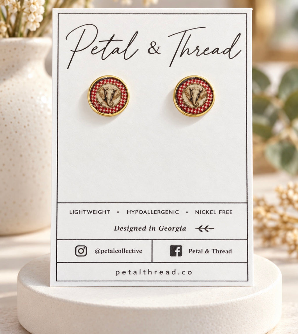 Alabama Elephant Portrait Checkerboard Stud Earrings