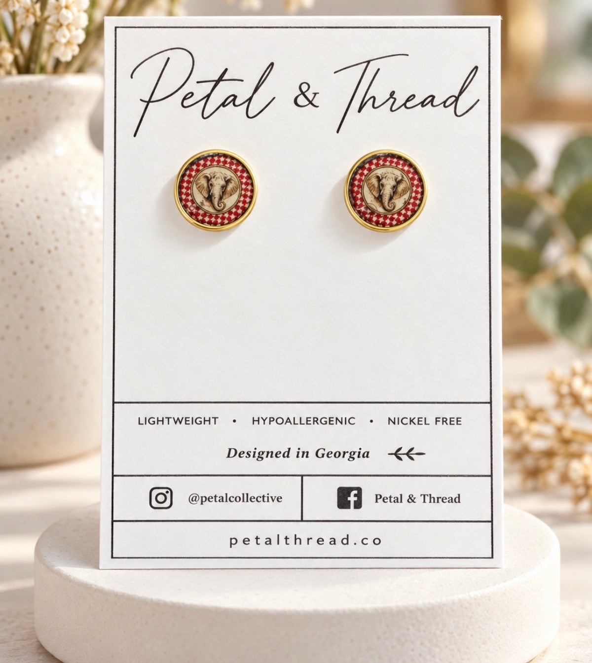 Alabama Elephant Portrait Checkerboard Stud Earrings