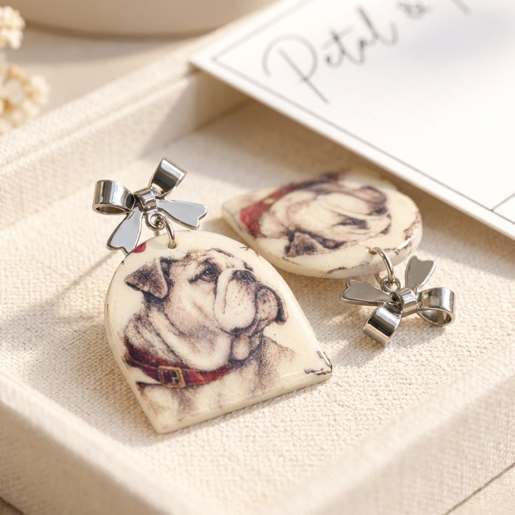 Vintage Bulldog Portrait Dangle Earrings with Silver Bows
