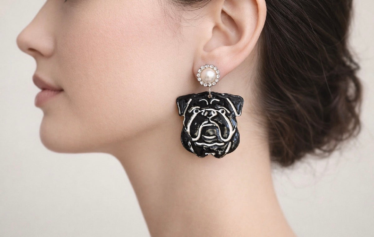 Black Bulldog Dangle Earrings – Pearl Rhinestone Stud – Statement Earrings