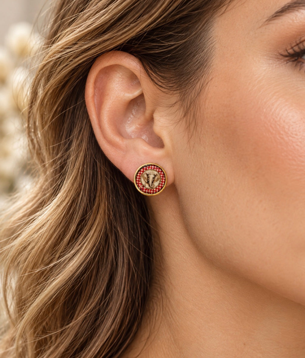Alabama Elephant Portrait Checkerboard Stud Earrings