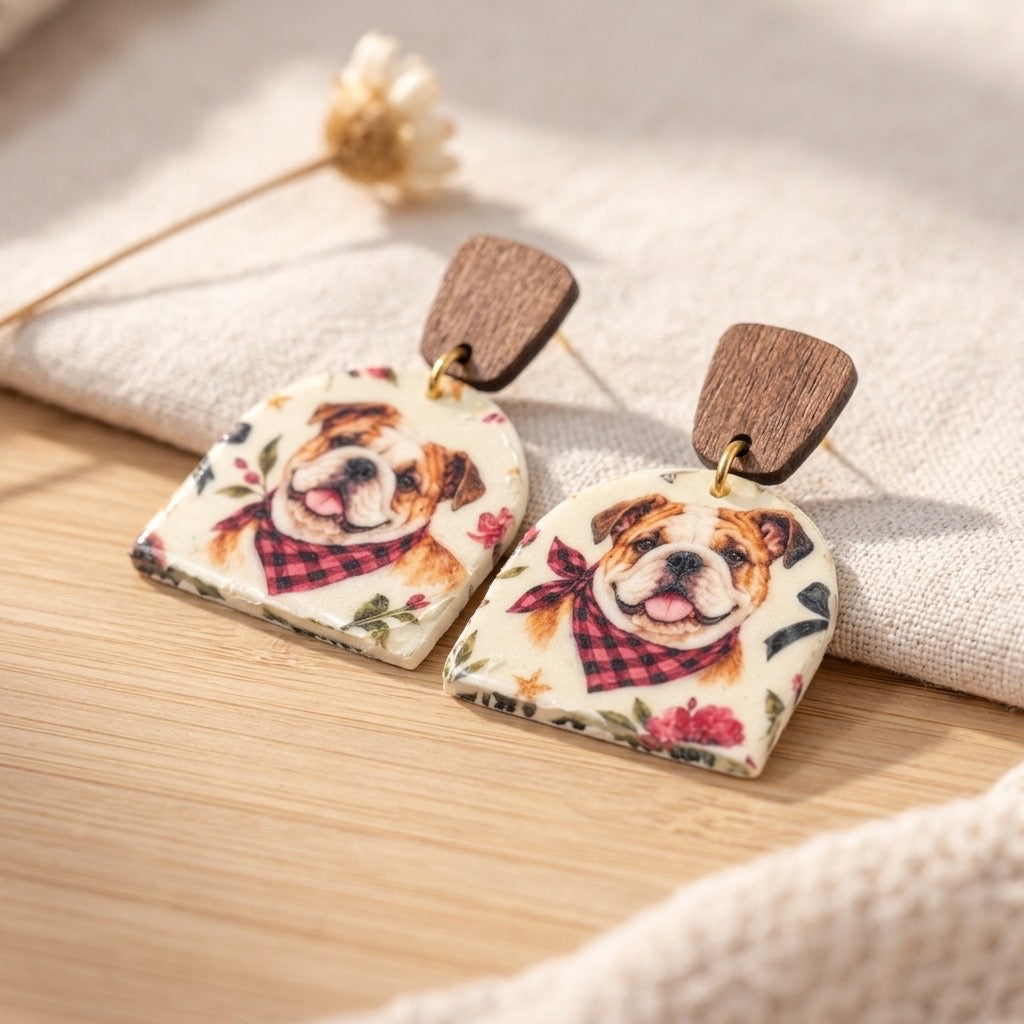 Floral Plaid Bulldog Portrait Dangle Earrings