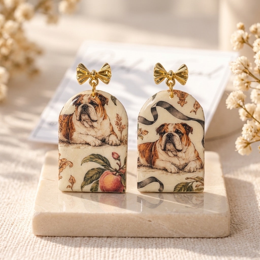 Vintage Bulldog Peach Floral & Ribbon Arch Dangle Earrings