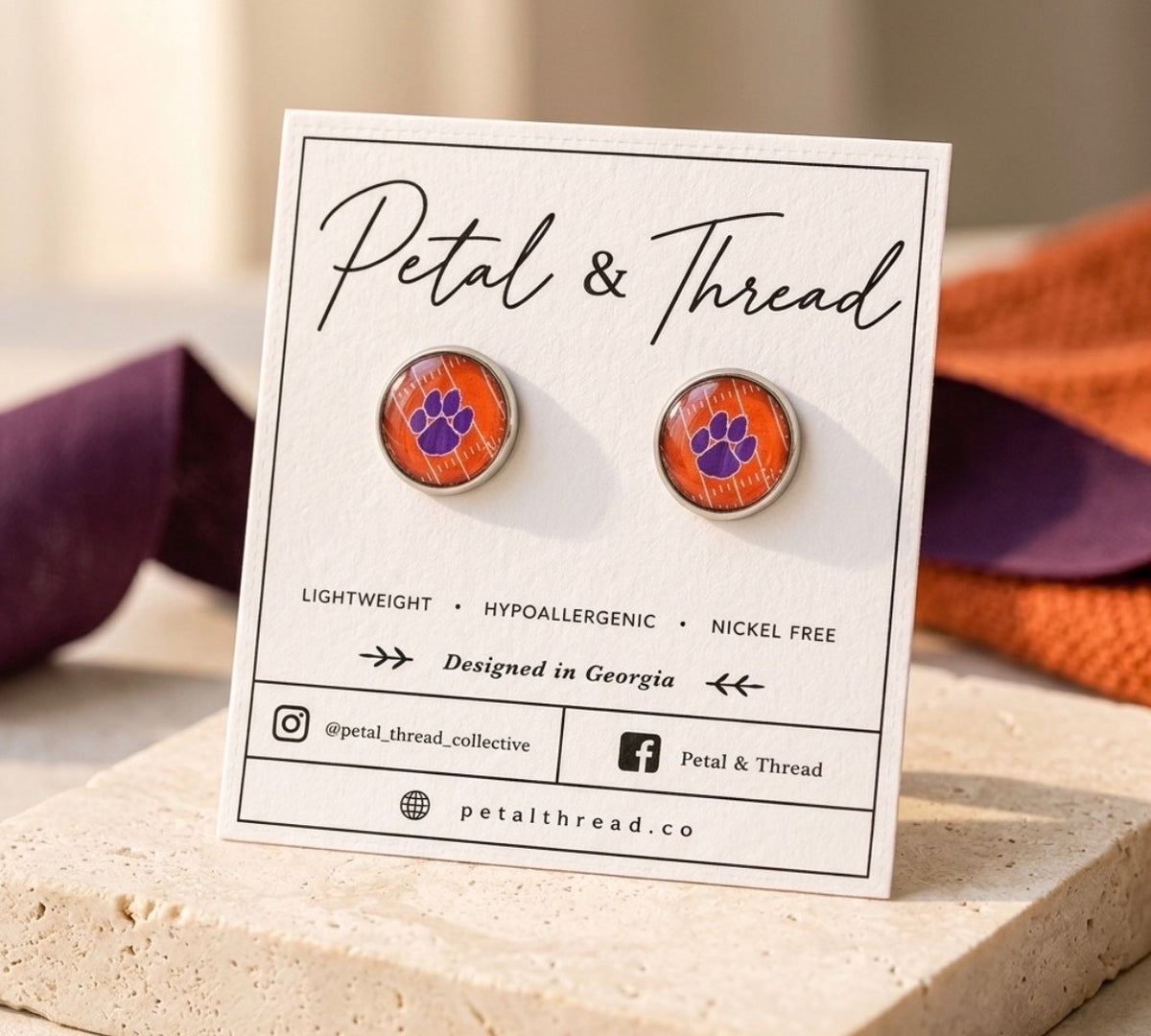 Clemson Tigers Paw Print Football Field Stud Earrings