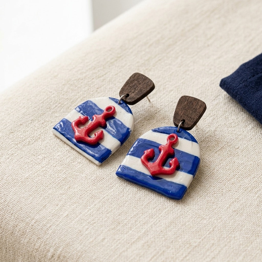 Nautical Anchor Statement Earrings – Handmade Coastal Polymer Clay Earrings