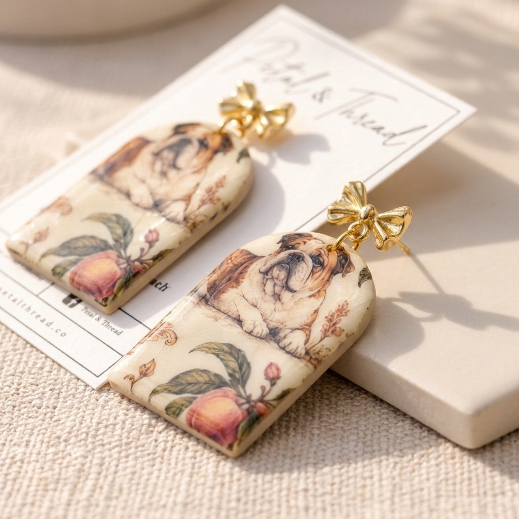Vintage Bulldog Peach Floral & Ribbon Arch Dangle Earrings