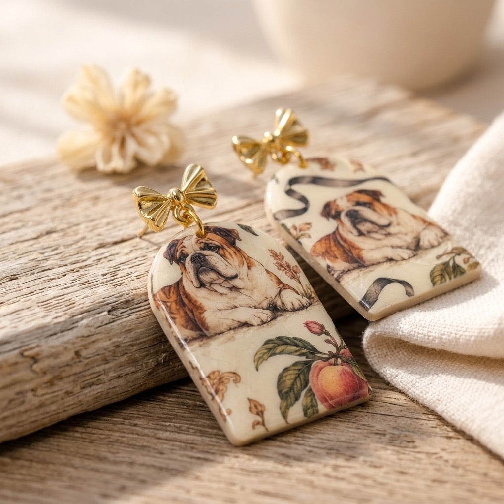 Vintage Bulldog Peach Floral & Ribbon Arch Dangle Earrings