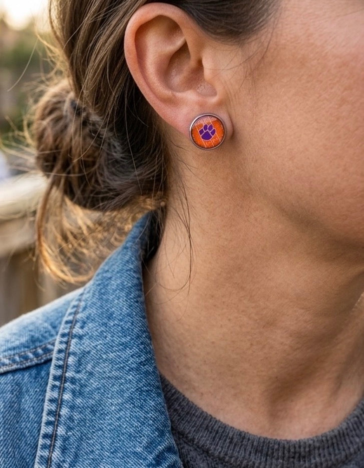 Clemson Tigers Paw Print Football Field Stud Earrings
