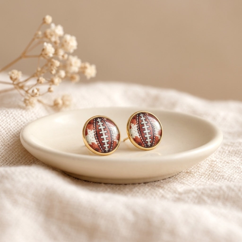 Cow Pattern Football 12mm 18k gold plated studs