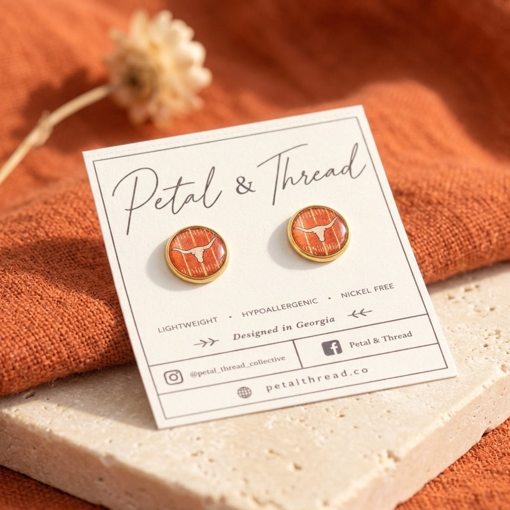 Texas Longhorns inspired football field 12mm gold plated studs