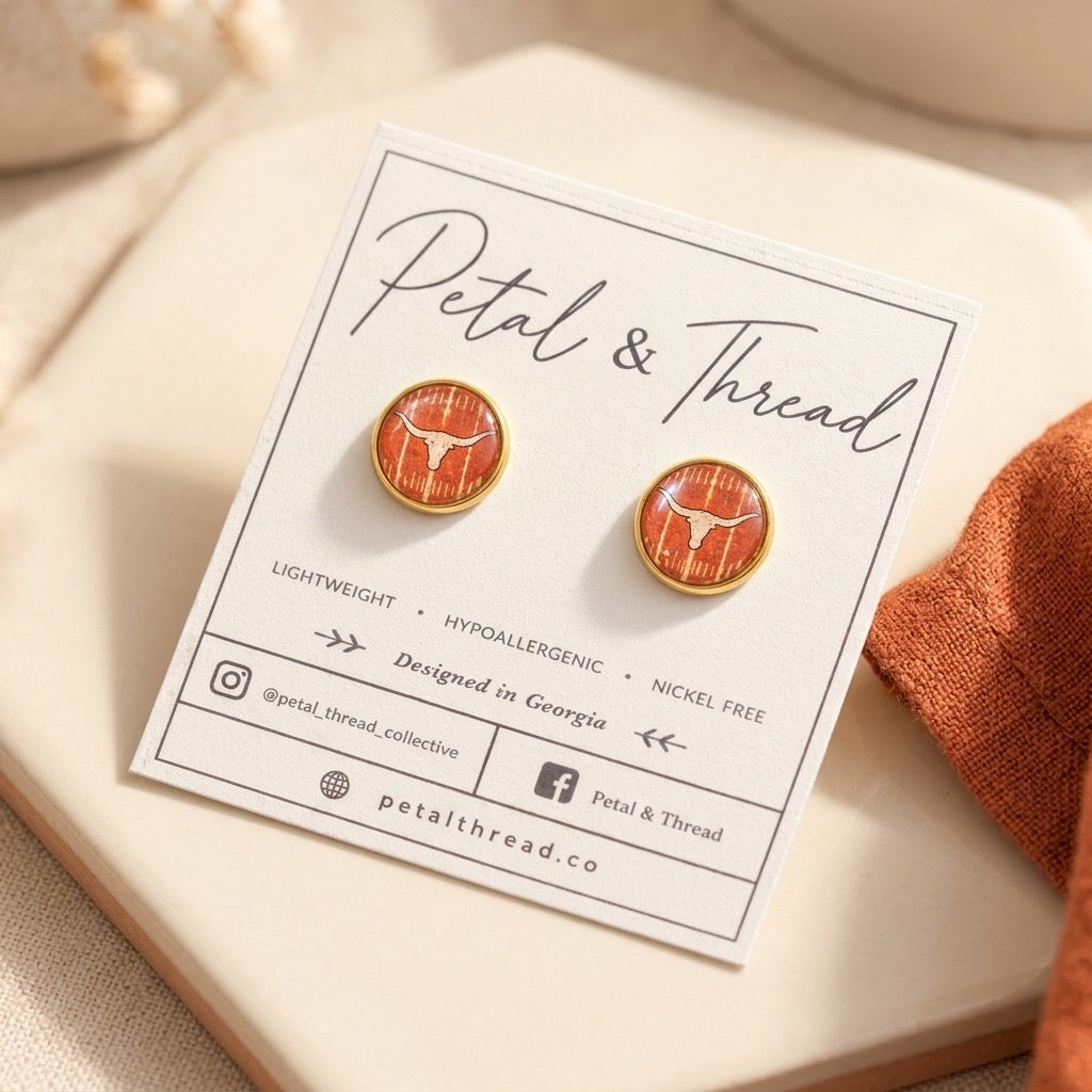 Texas Longhorns inspired football field 12mm gold plated studs