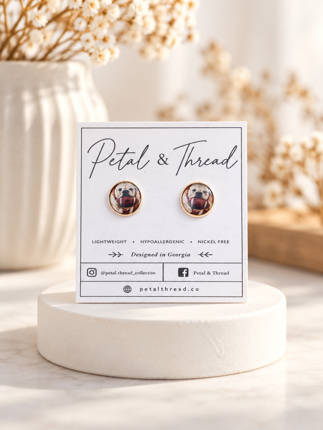 Georgia Bulldog Inspired dog holding football 12mm 18k gold plated studs