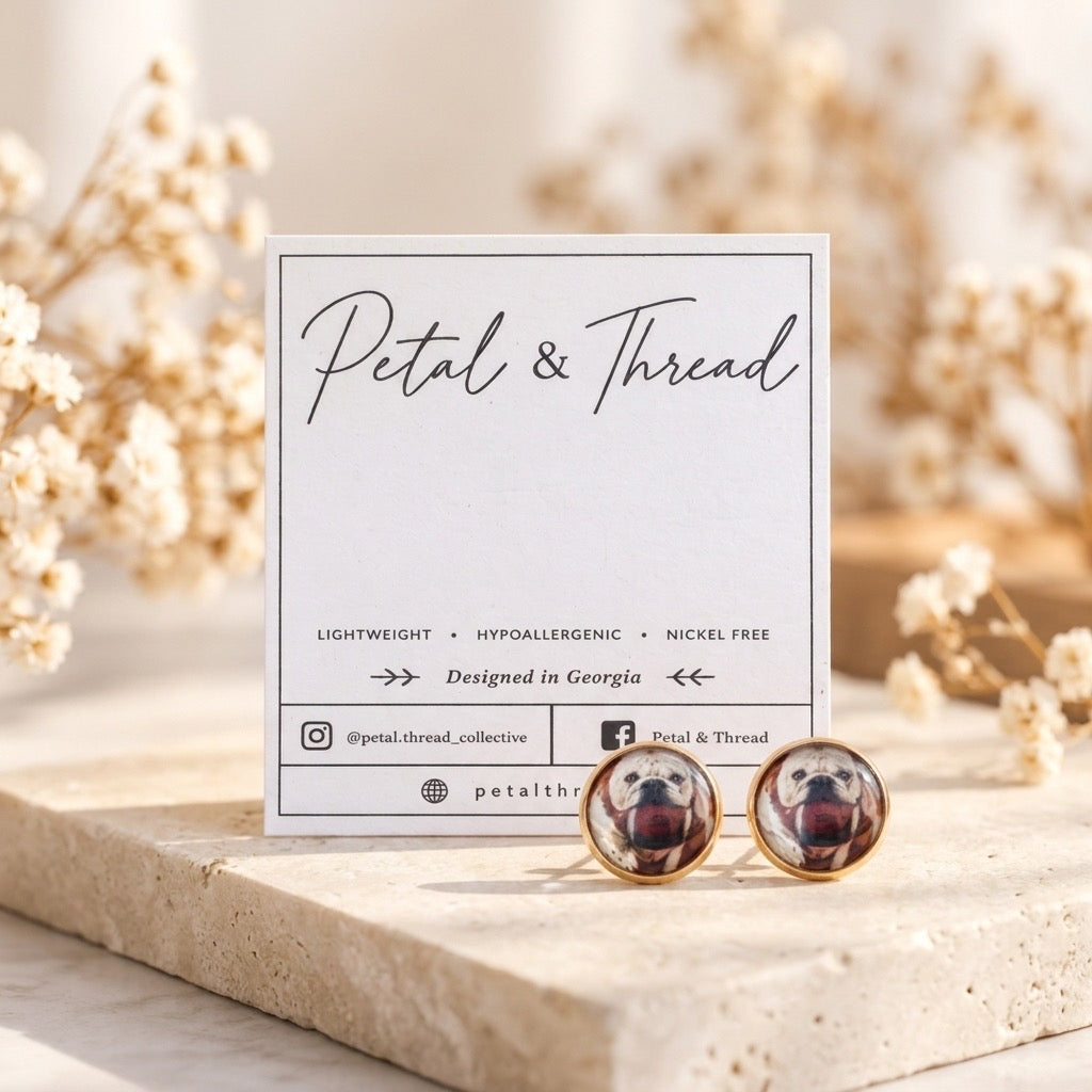 Georgia Bulldog Inspired dog holding football 12mm 18k gold plated studs