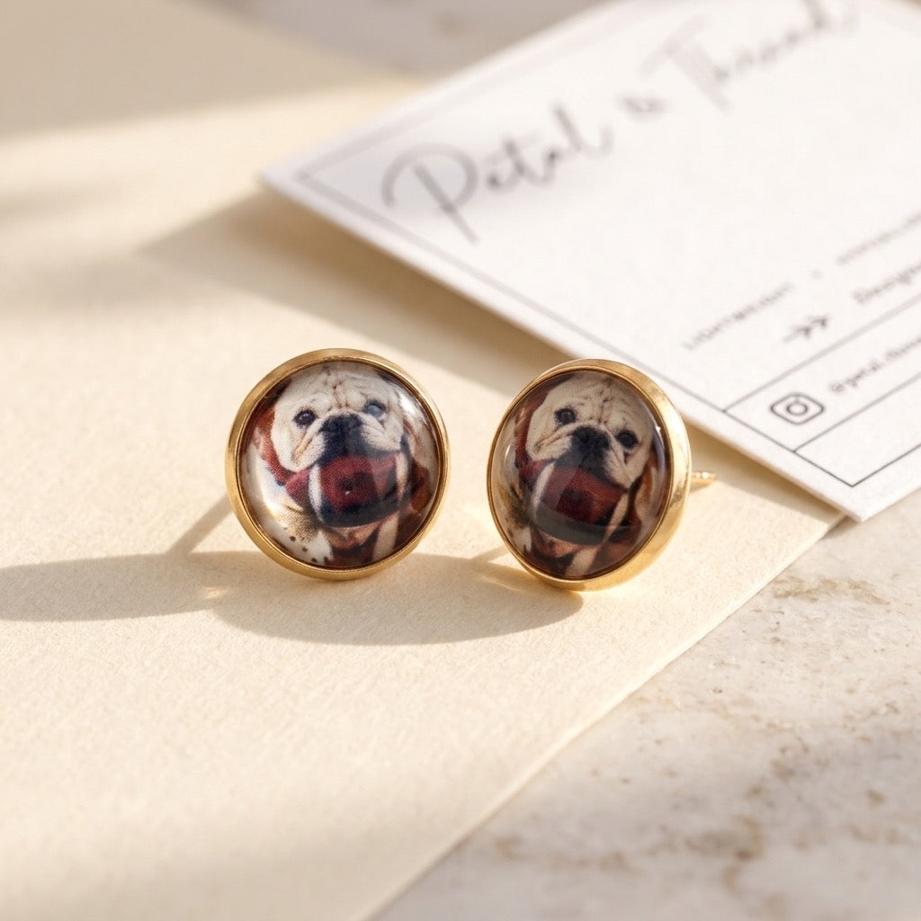 Georgia Bulldog Inspired dog holding football 12mm 18k gold plated studs