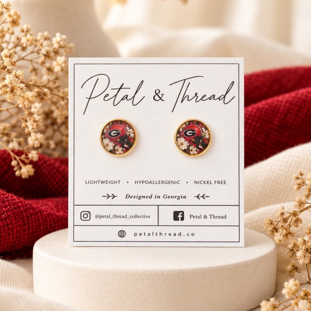 Georgia Bulldog Inspired Helmet Floral 12mm 18k gold studs