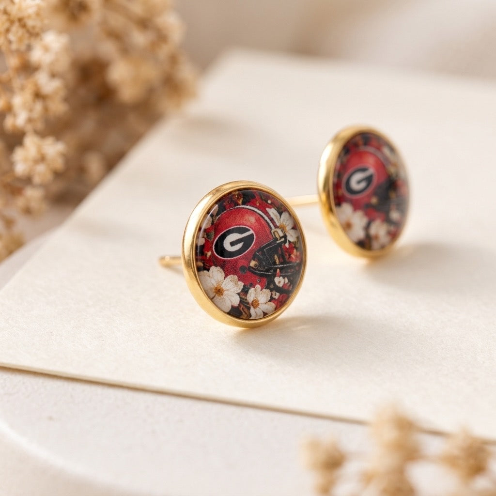 Georgia Bulldog Inspired Helmet Floral 12mm 18k gold studs