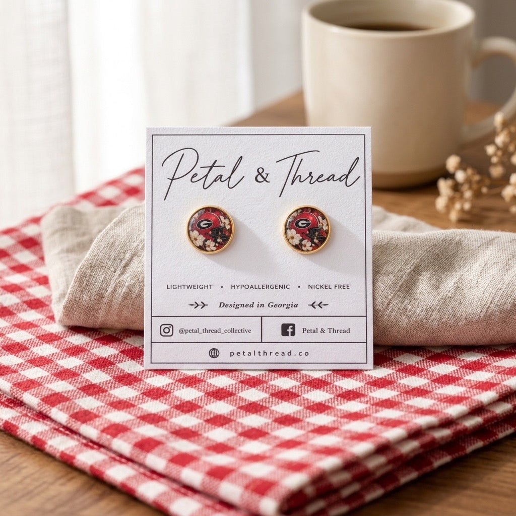 Georgia Bulldog Inspired Helmet Floral 12mm 18k gold studs