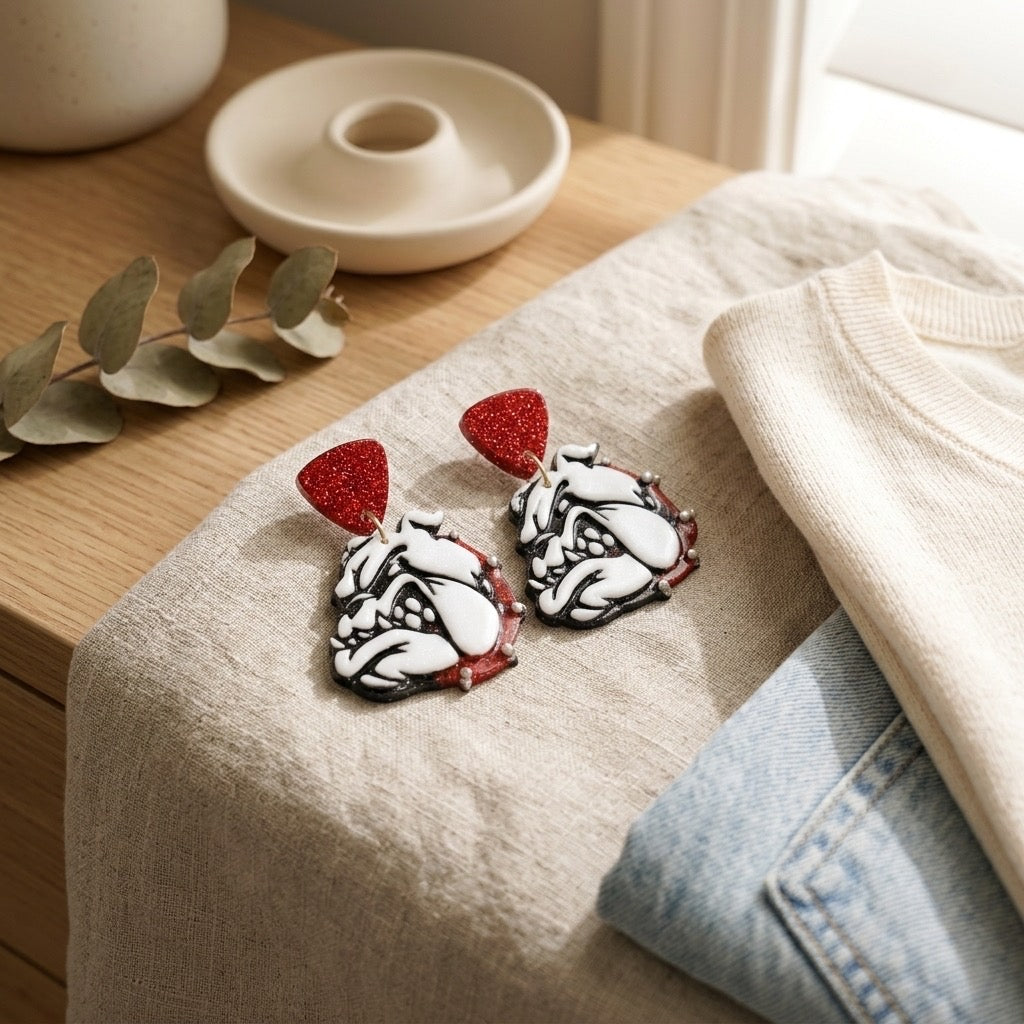 Georgia Bulldog Glitter Statement Dangle Earrings | Red, Black & White